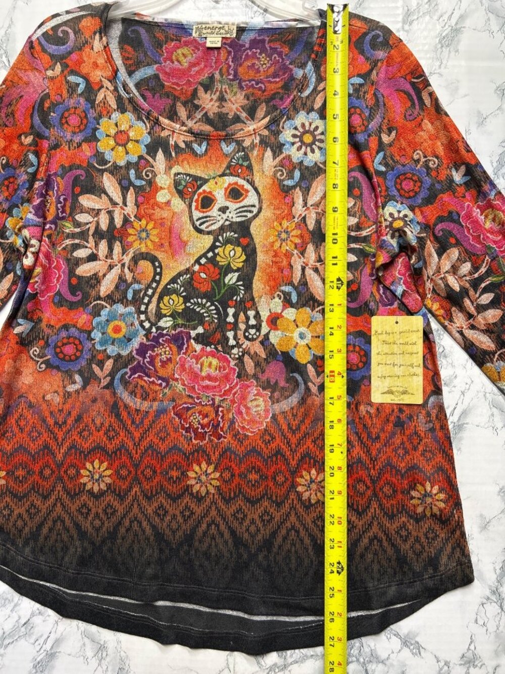 Energe Womens Sz Large Colorful Cat & Floral Print Long Sleeve Top Vibrant Boho - Picture 4 of 10